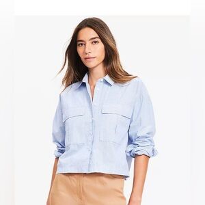 🌵LOFT Light Blue Striped Poplin Utility Wide Sleeve Button-Down Shirt🫶